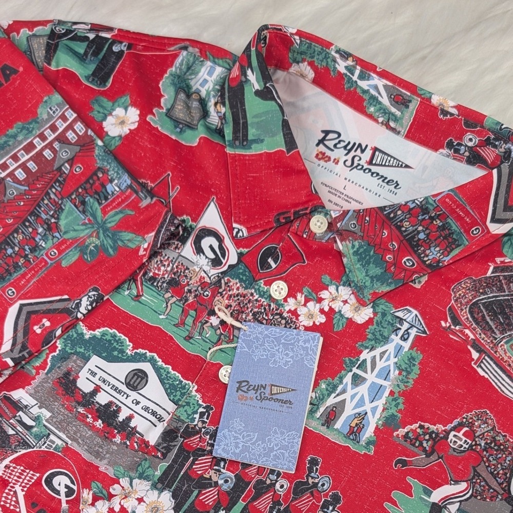 Reyn Spooner Polo Shirt Mens L Red University of Georgia Scenic Print Stretch